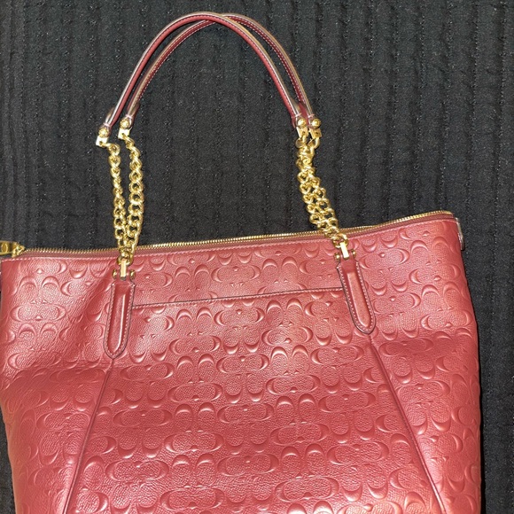 Coach Burgundy Embossed Leather Tote with Gold Chain - Picture 2 of 3